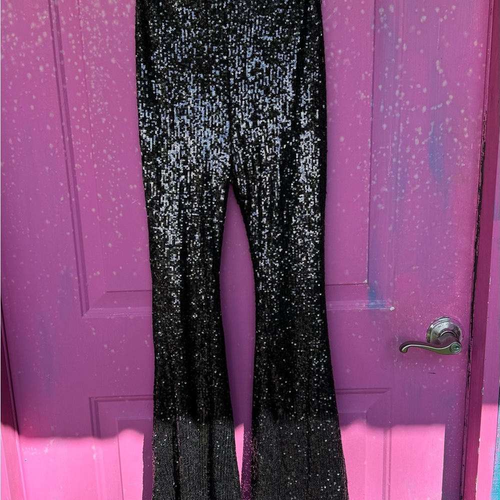 Black Sequin Flared Pants